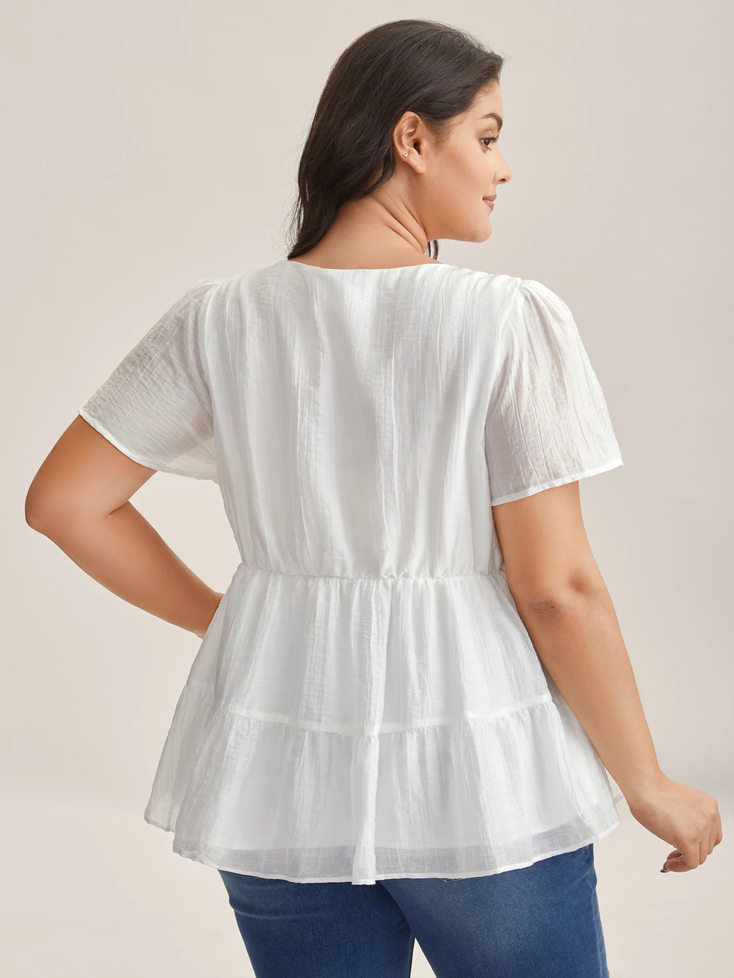 Sheer V-Neck Tie Tiered Blouse