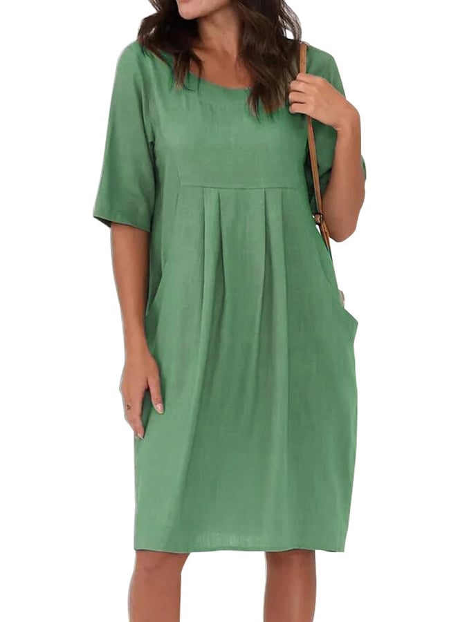 Women's Casual Loose Round Neck Short Sleeve Cotton And Linen Dress