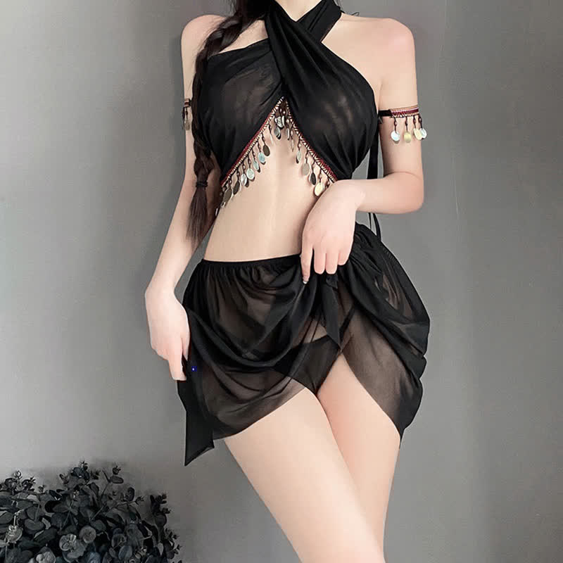 Cross Halter Sequin Backless Sexy Han Costume Lingerie Set