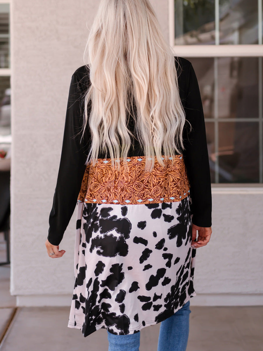 Western Denim Patchwork Knitted Cardigan Printed Coat