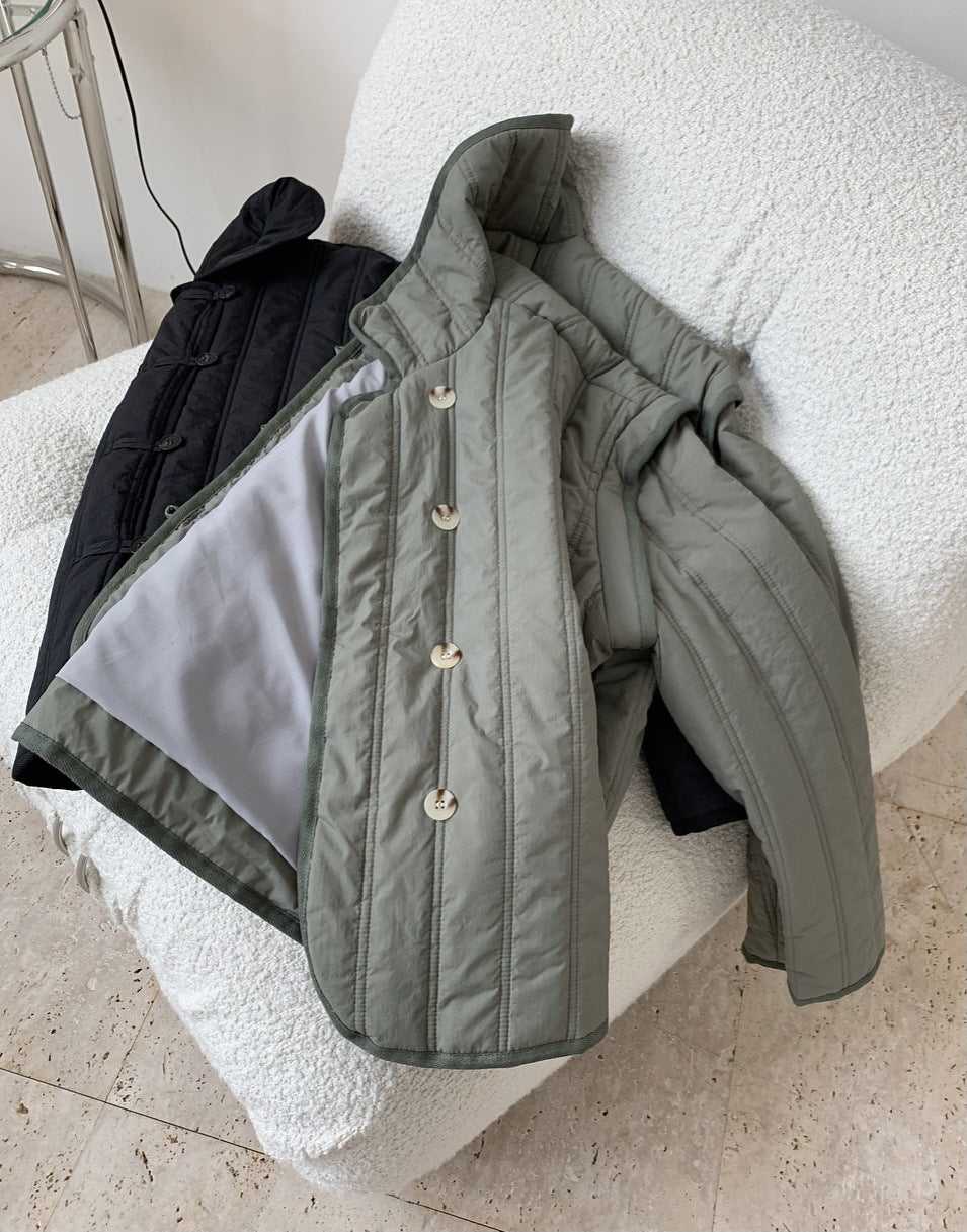 Winter Collared Cotton Padded Coat with Loop Buckle Loose Warm Comfortable Coat Women Thick