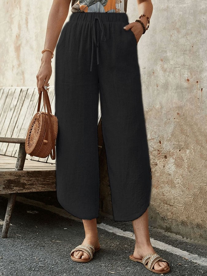 Casual Elegant Cotton And Linen Lace-Up With Pockets Irregular Cropped Pants