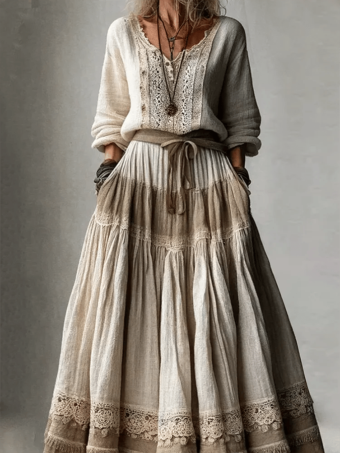 Women's Bohemian Lace Pleated Side Pocket Skirt