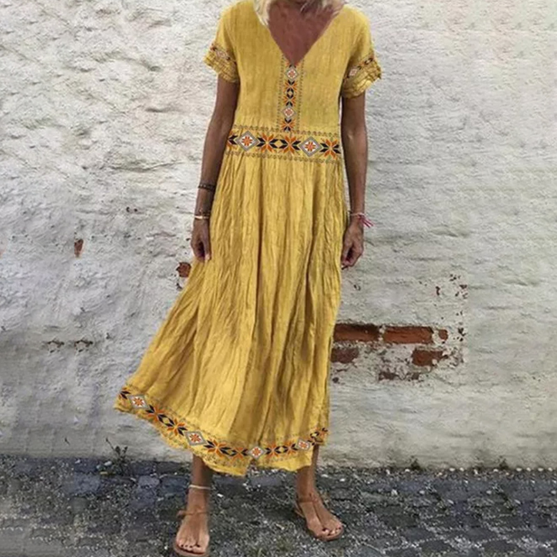 Pullover V-Neck Short Sleeve Printed Dress