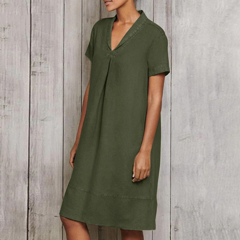 Vintage Plain Foldover Collar Midi Dress