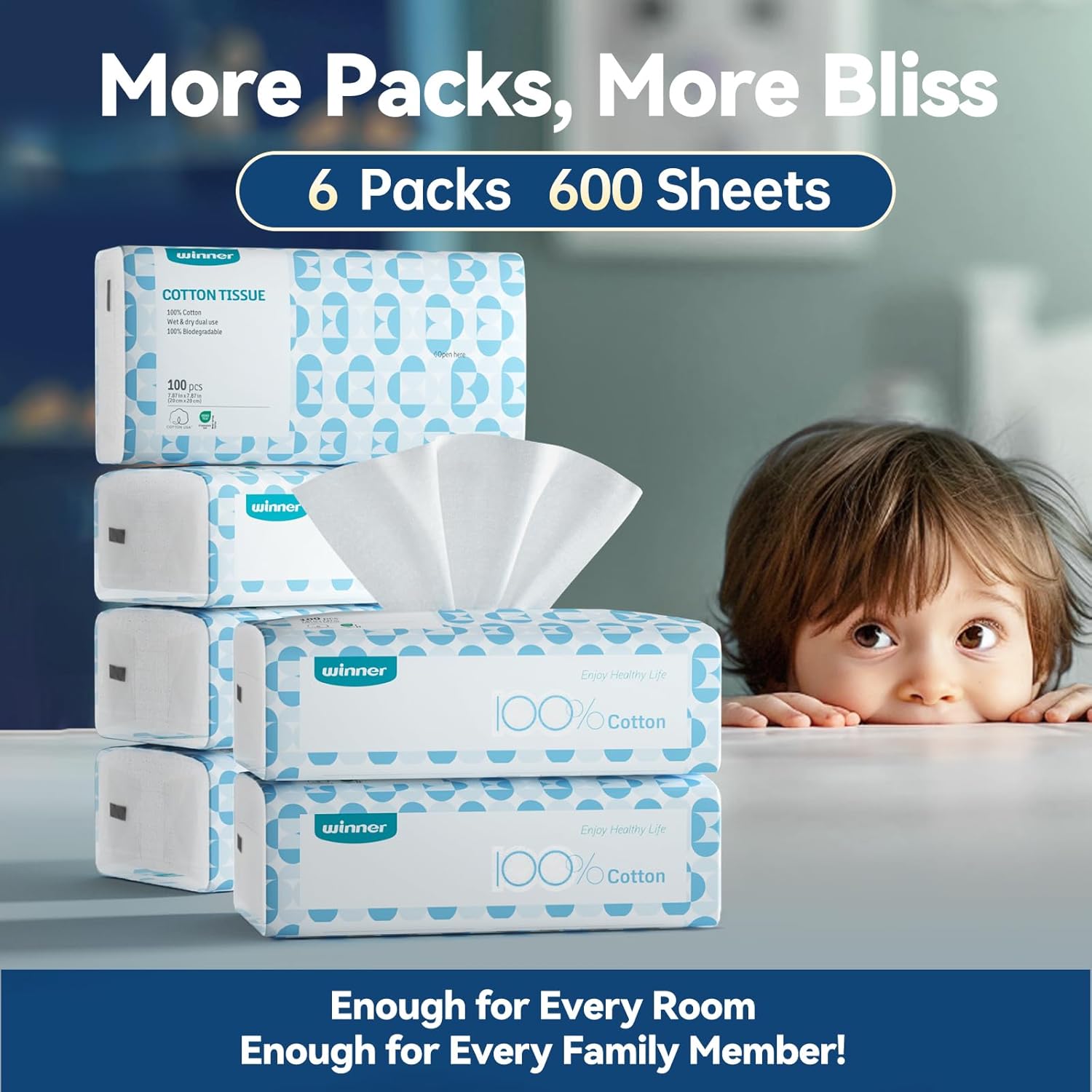 Winner Soft Face Towels - 100% USA Cotton Dry Wipes, 600 Count Unscented Cotton Tissues for Sensitive Skin, OEKO-TEX Certified Face Towelettes Disposable, Makeup Remover Facial Towels, 6 Pack