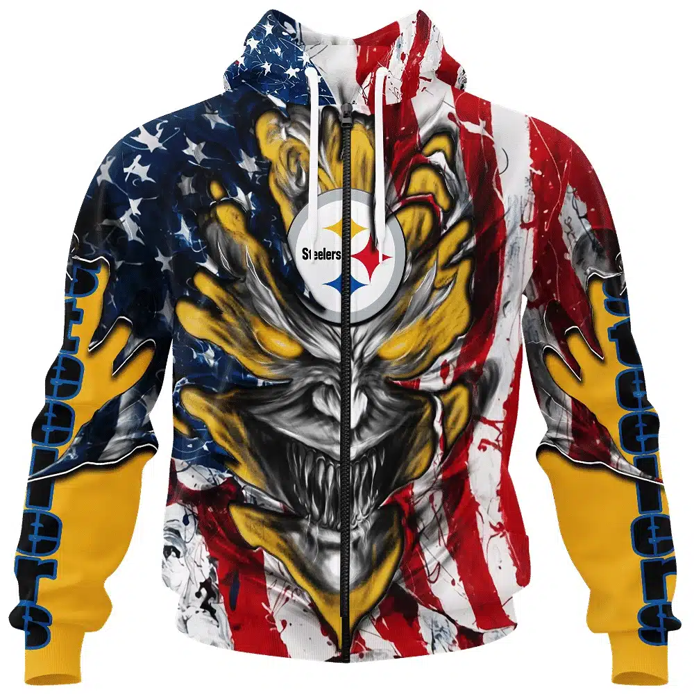 PITTSBURGH STEELERS DEMON FACE AMERICAN FLAG-3D UNISEX HOODIE