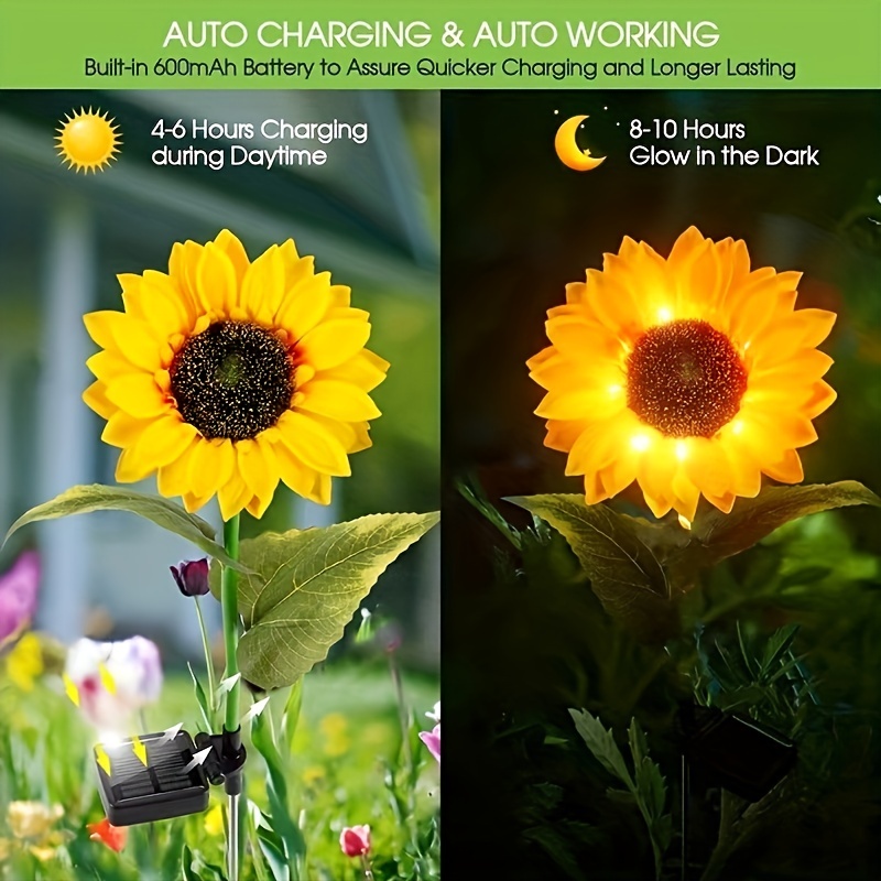 2pcs/4pcs Solar Sunflower Garden Lights With 3pcs/1pc Heads, Outdoor Simulation Flower Solar Lights Ground Plug-in Lights LED Decorative, For Garden, Lawn