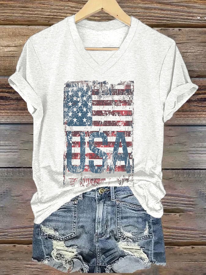 V-Neck Retro Independence Day Flag USA Print T-Shirt