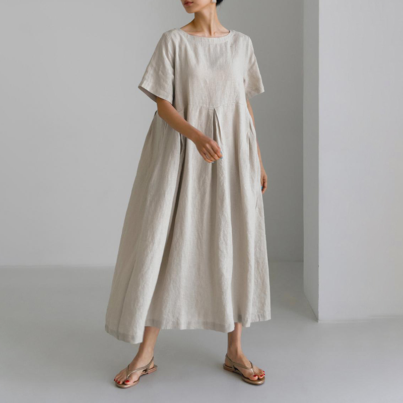Solid Color Pleat Round Neck Maxi Dress