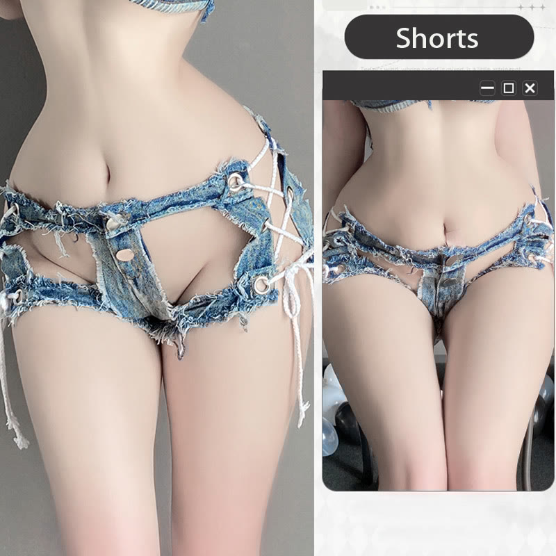 Sexy Denim Bikini Top Hollow Out Shorts Lingerie Two Pieces