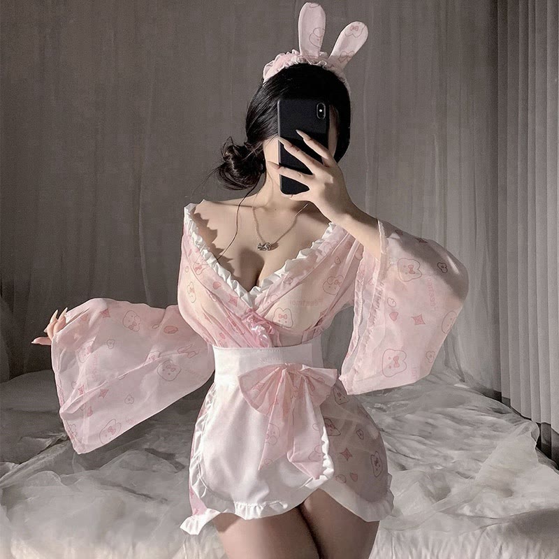 Maid Bow Bunny Print Kimono Lingerie Dress