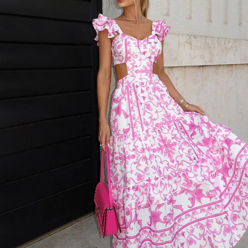 Summer Printed Hollow Length Dress with Padded Shoulders for Women