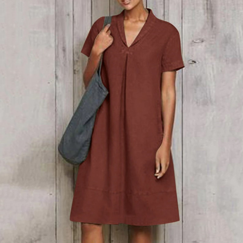 Vintage Plain Foldover Collar Midi Dress