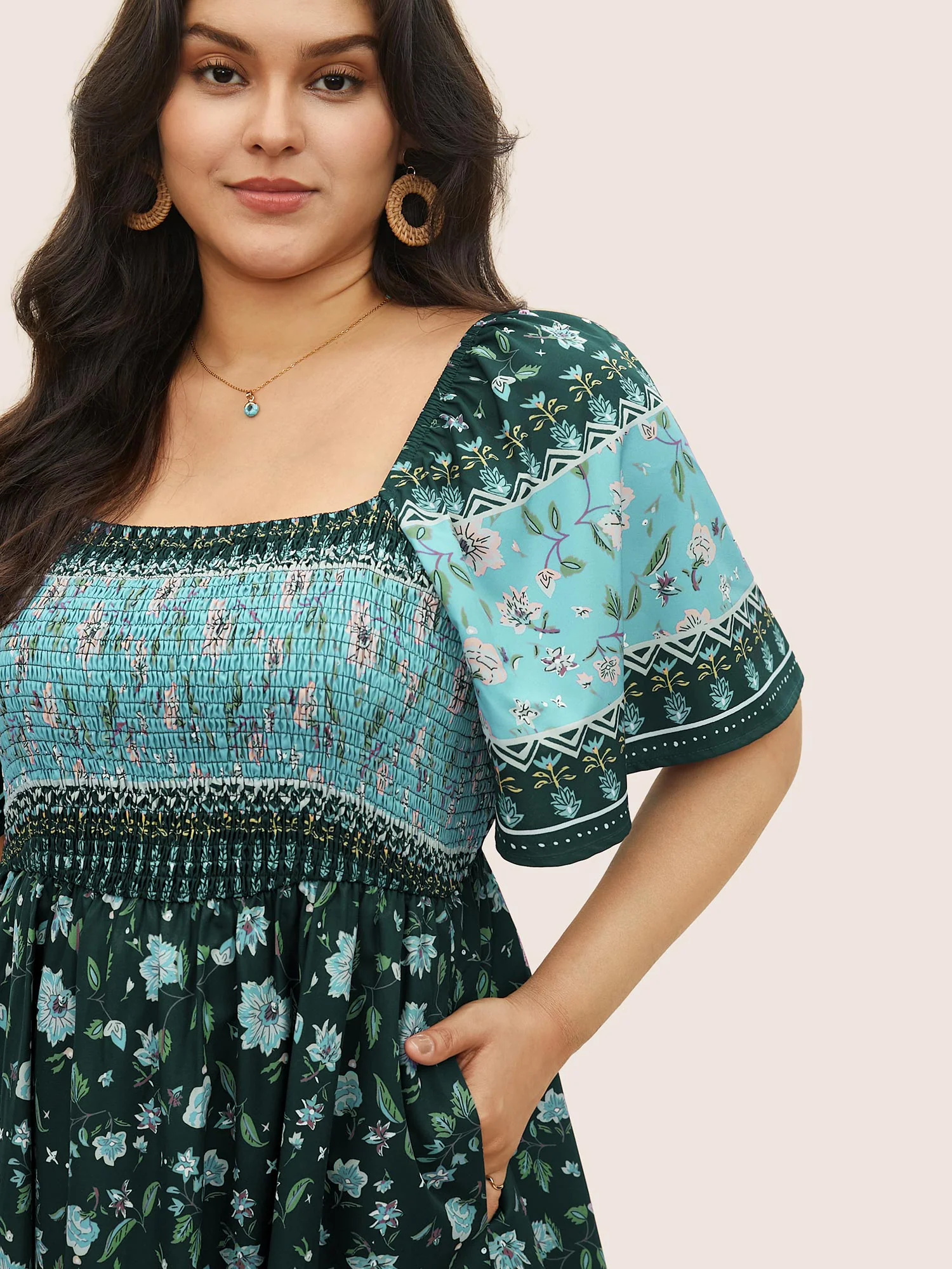 Ditsy Floral Shirred Patchwork Ruffle Sleeve Dress