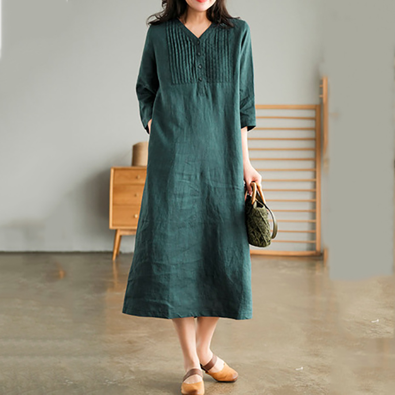 Literary Half Sleeve Fashion V Neck Mid-Length Dress