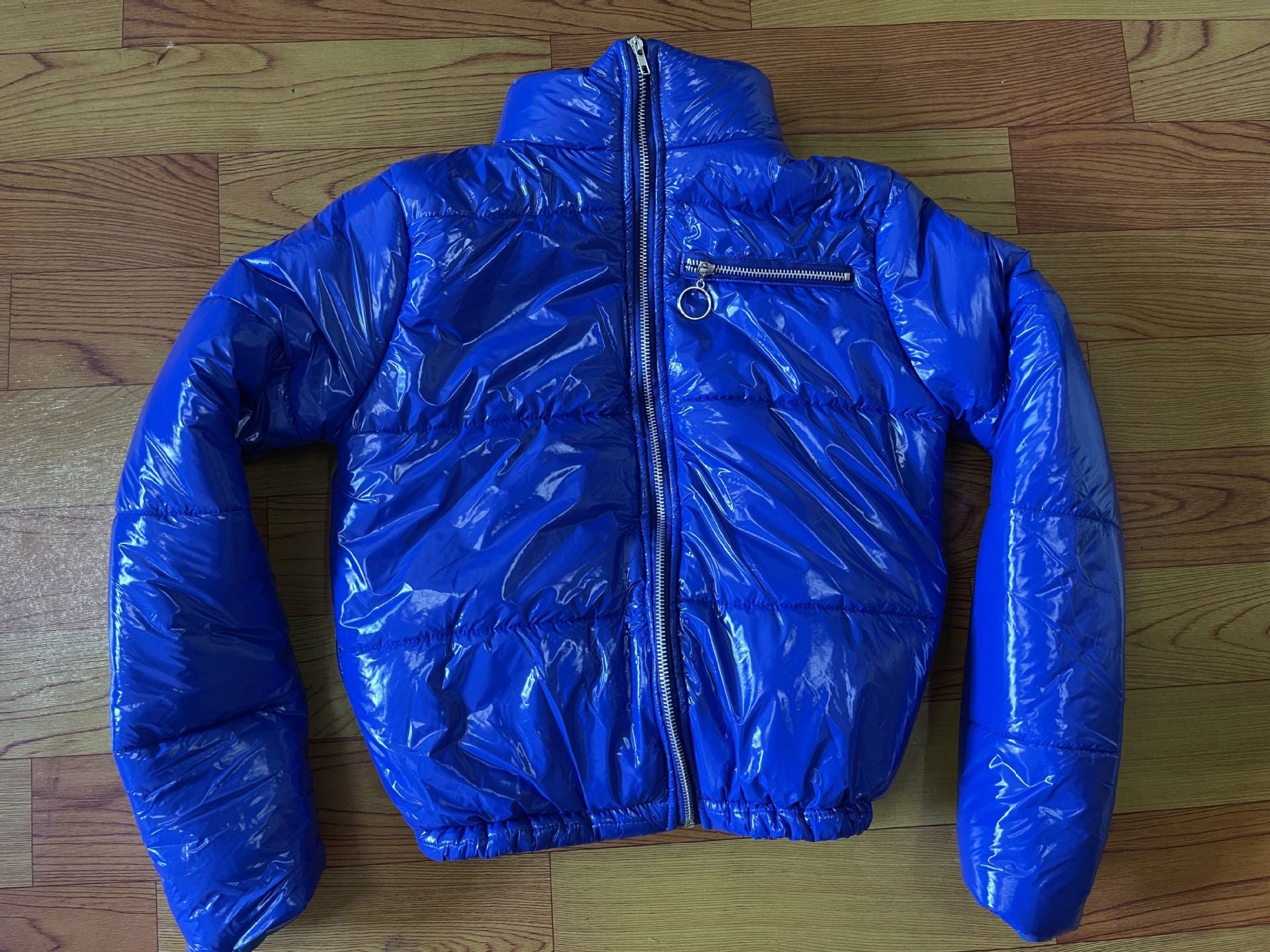 Women Clothing Glossy Faux Leather Stand-up Collar down Jacket Padded Puffer Jacket Coat