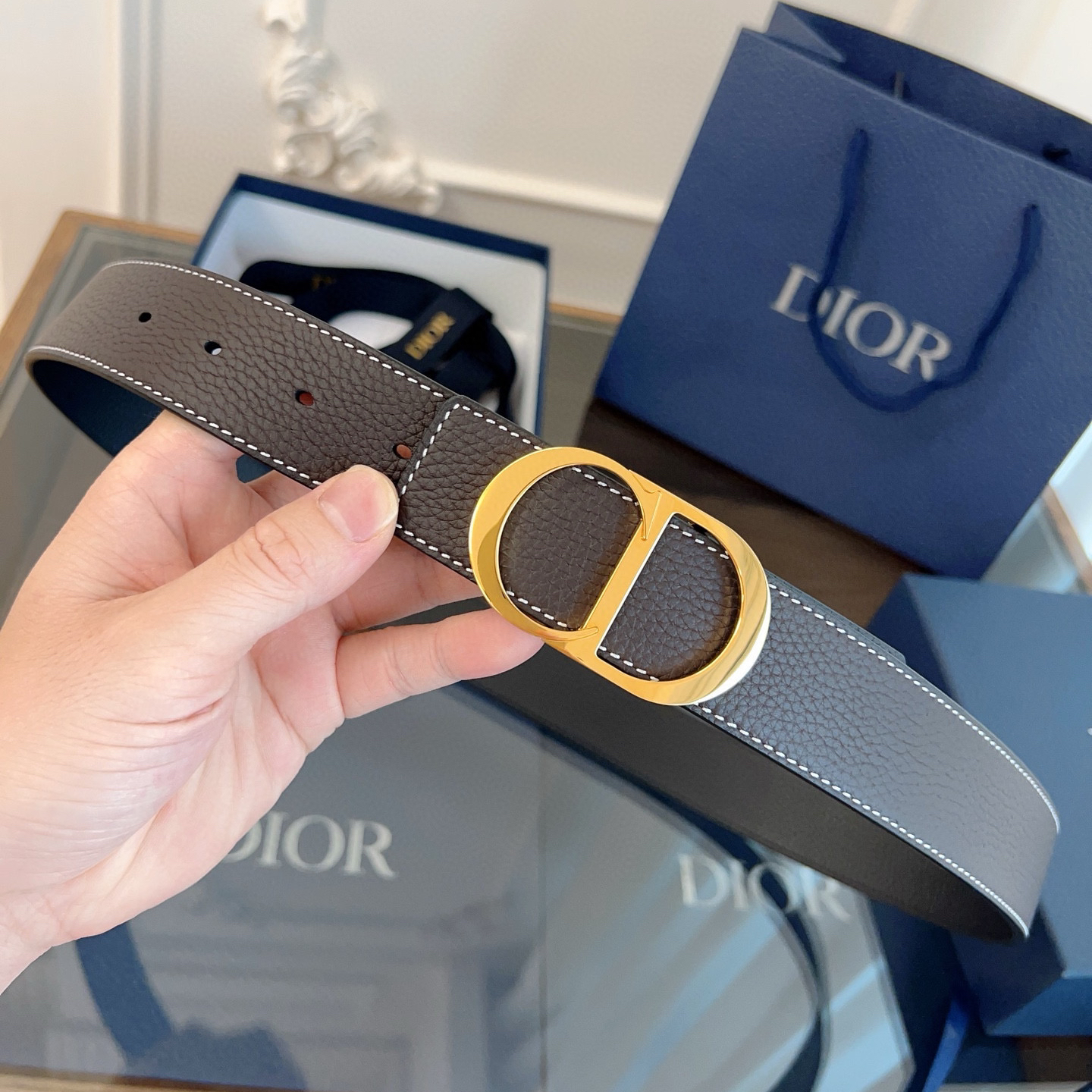 Dior coffee black double-faced cowhide belt width 3.5cm