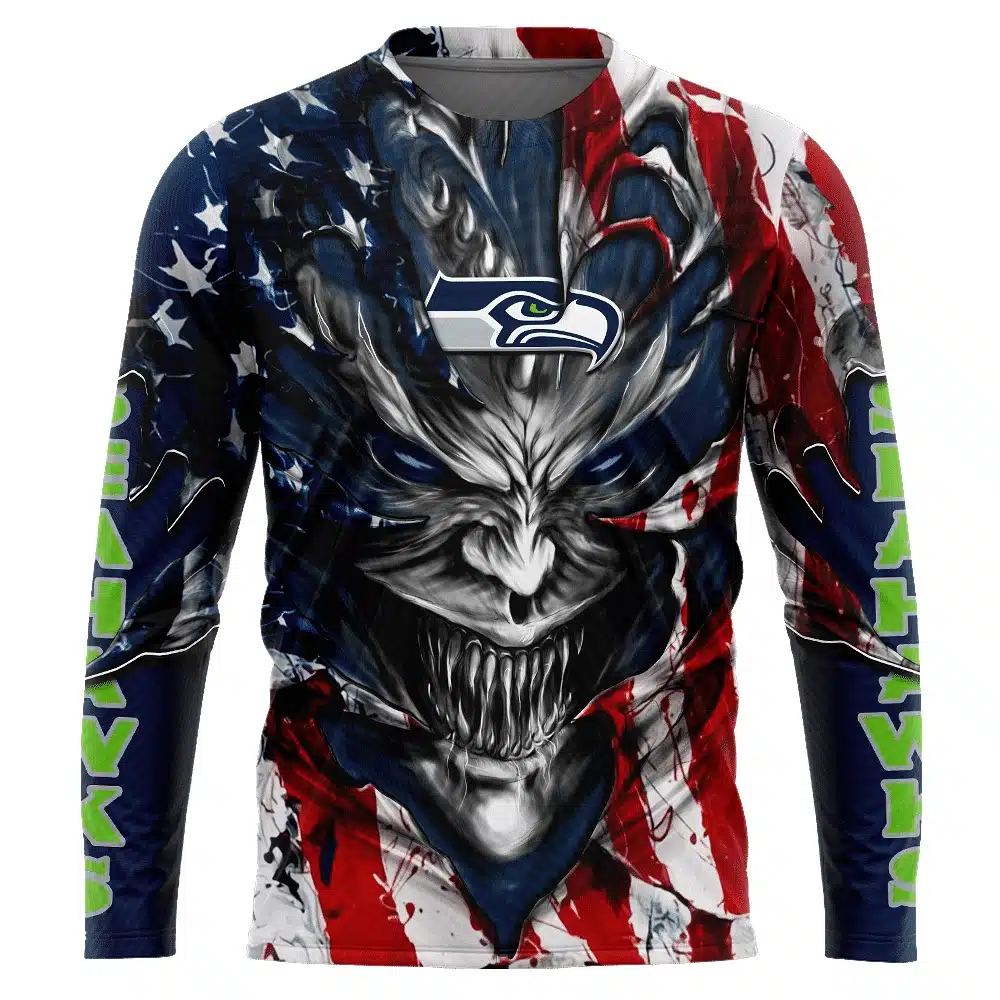 SEATTLE SEAHAWKS DEMON FACE AMERICAN FLAG-3D UNISEX HOODIE