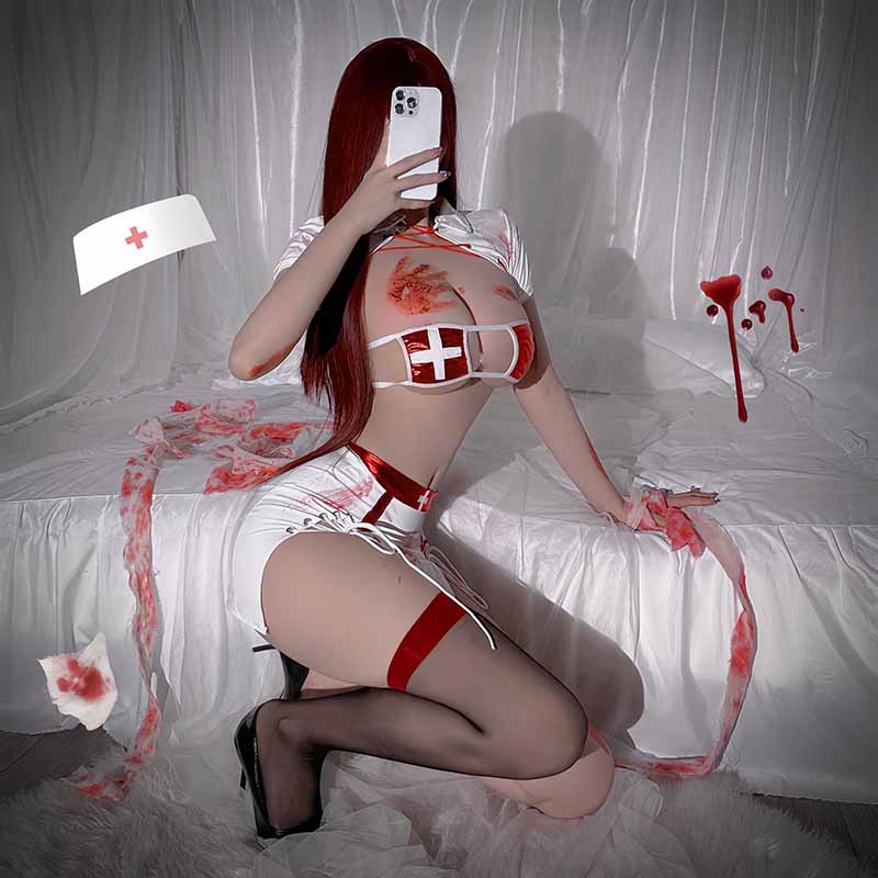 Cosplay Nurse Lace Up Hollow Out PU Lingerie Set