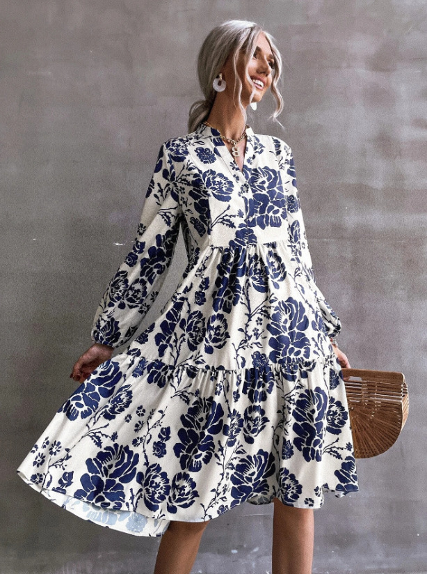 Autumn new style women's elegant temperament, elegant wind lapel long-sleeved floral midi dress
