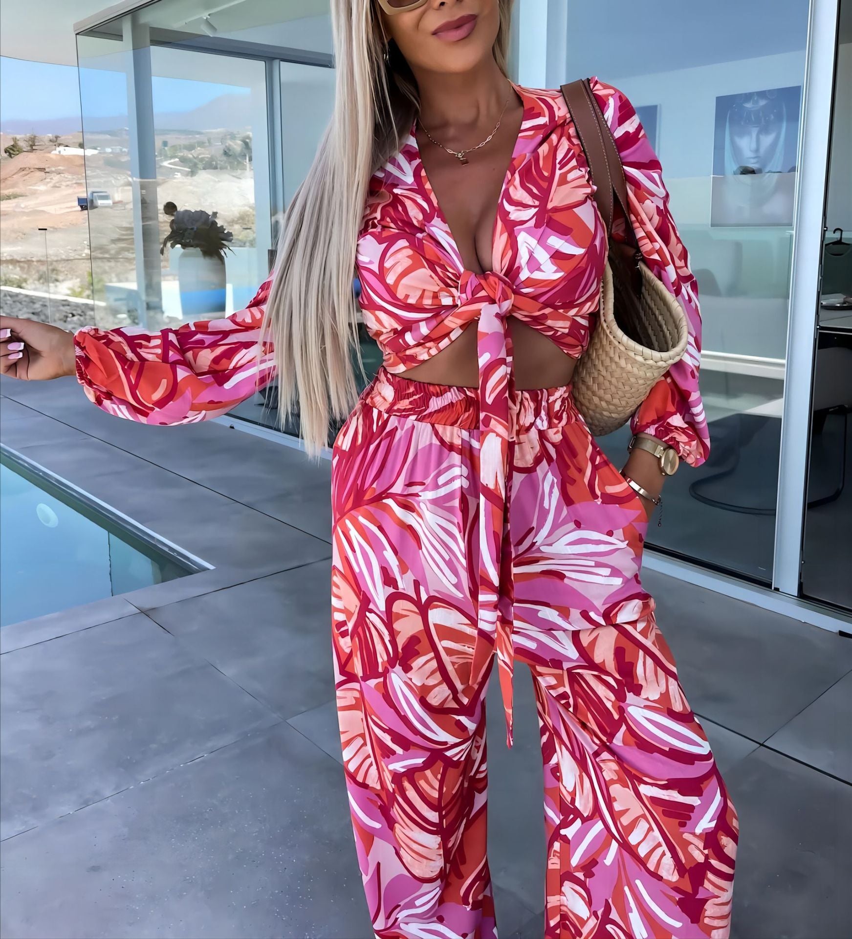 Long Sleeve Women's Suit with Strap Printing and Pocket