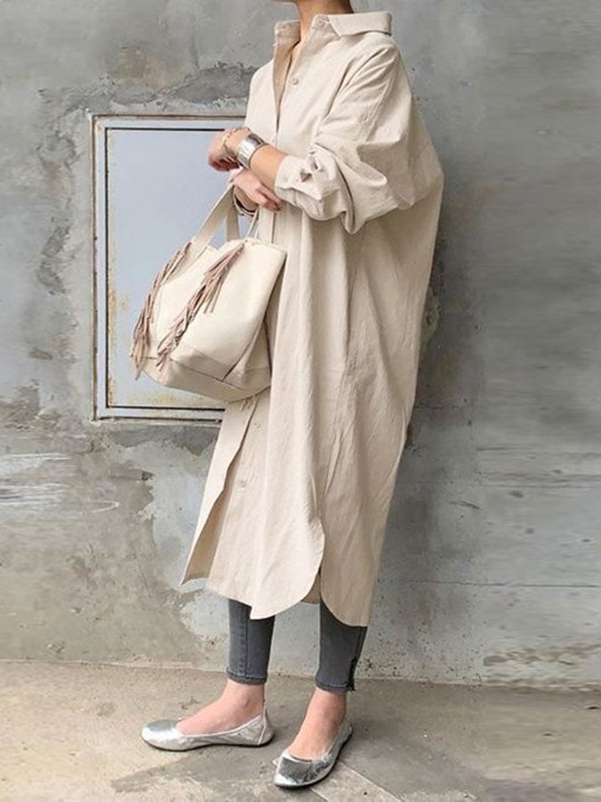 Women's Solid Color Casual Long Sleeve Cotton Shirt Dress