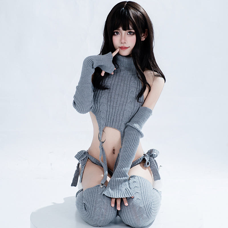 Backless Lace-up Sweater Lingerie Set