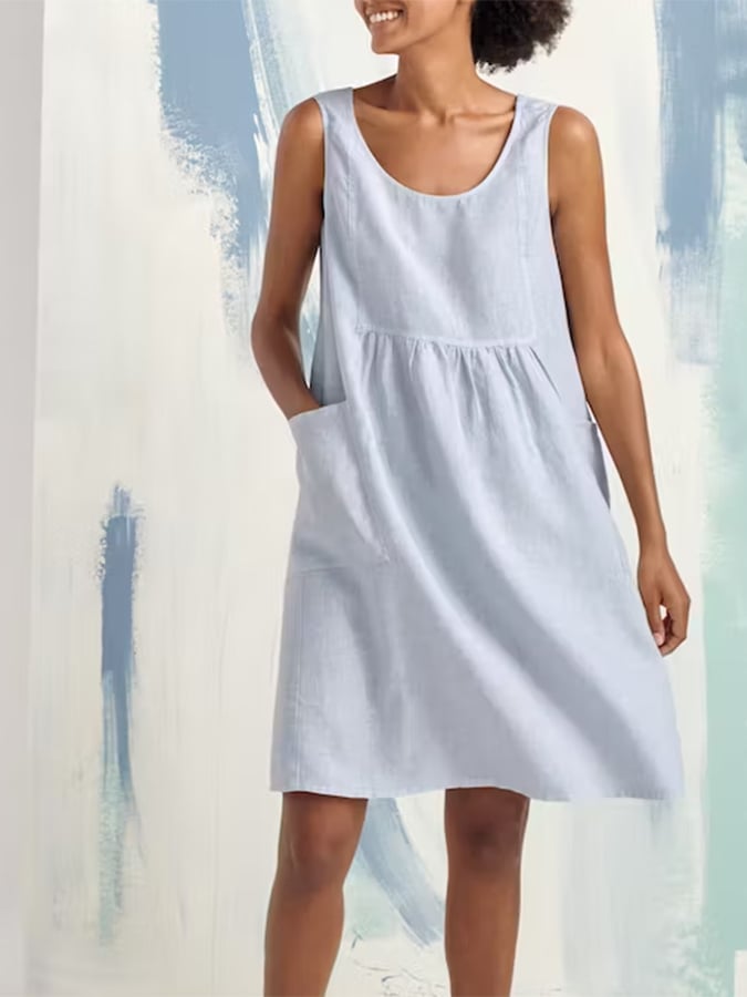 Cotton Linen Round Neck Sleeveless Pocket Simple Dress