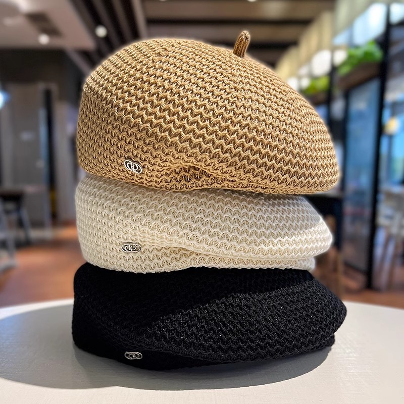 New Japanese styling hollowed out beret ladies temperament small breathable thin mesh painter hat black hat