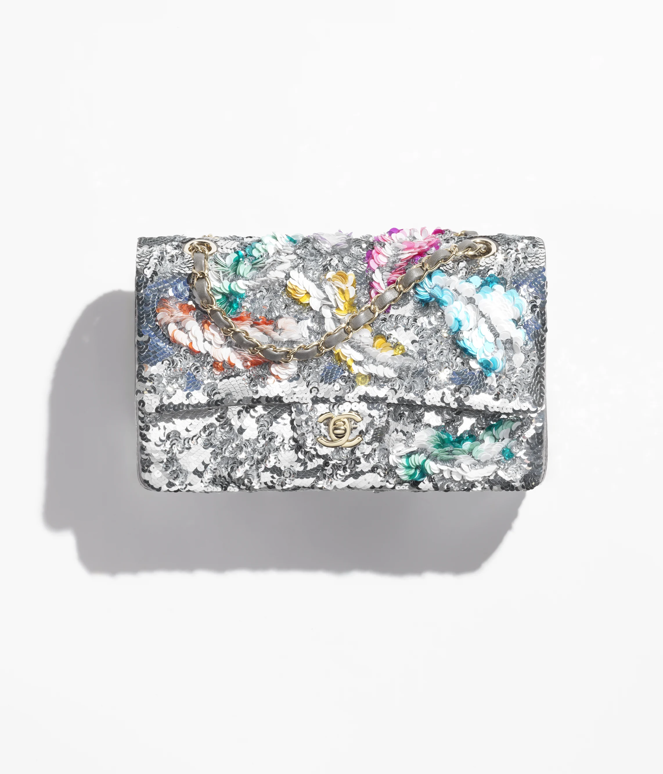 Chanel Classic 11.12 Handbag Embroidered Satin, Sequins, Glass Pearls and Silver Metal Multicolor A01112-B20590-U0971