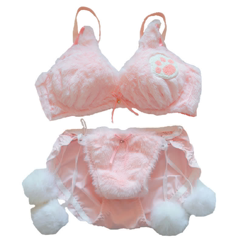 Kawaii Cat Claw Embroidery Plush Lingerie Set