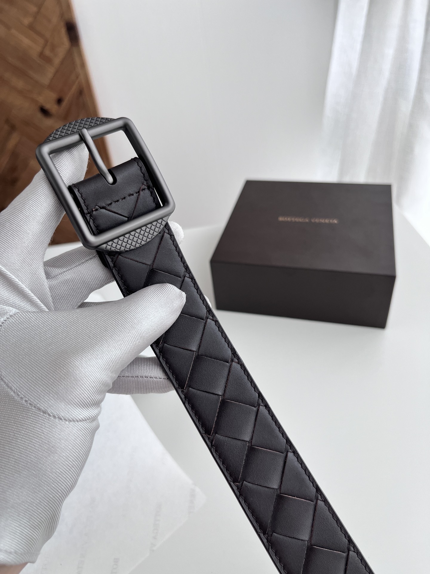 Bottega Veneta intreccio woven cowhide double-sided belt 3.5cm wide