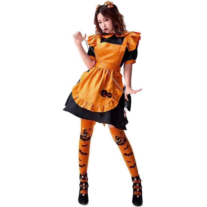 Cosplay Pumpkin Bat Embroidery Doll Collar Maid Dress