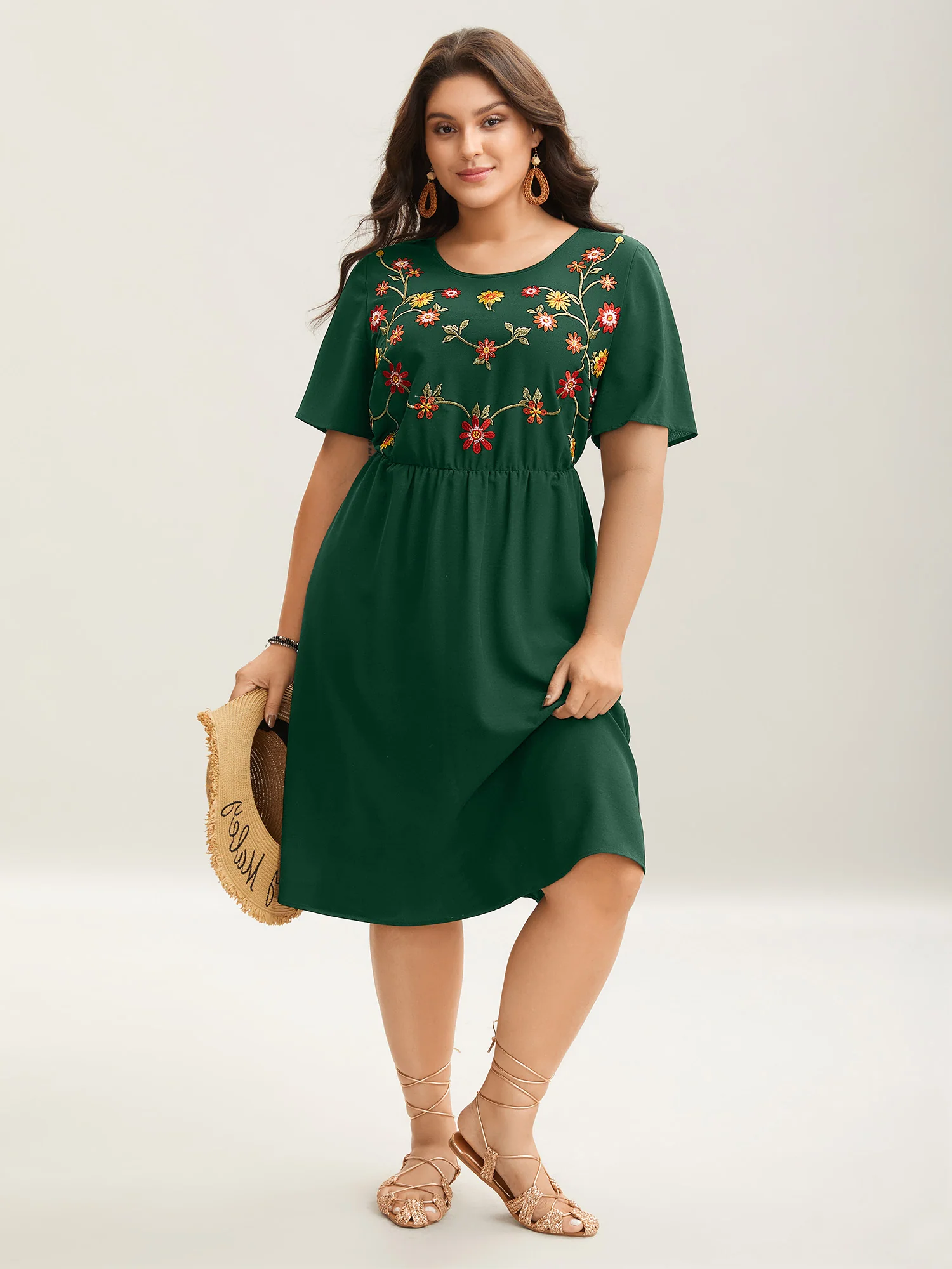 Floral Embroidered Waist-Cinched Midi Dress