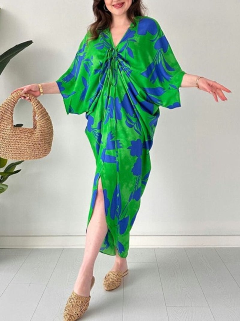 💃 FASHION PRINTED LOOSE BAT SLEEVES V-NECK DRAWSTRING DRESS