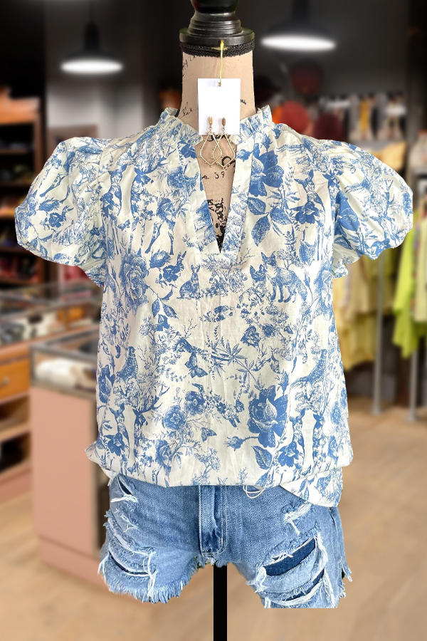 Floral Print Ruffle V-Neck Puff Sleeve Top