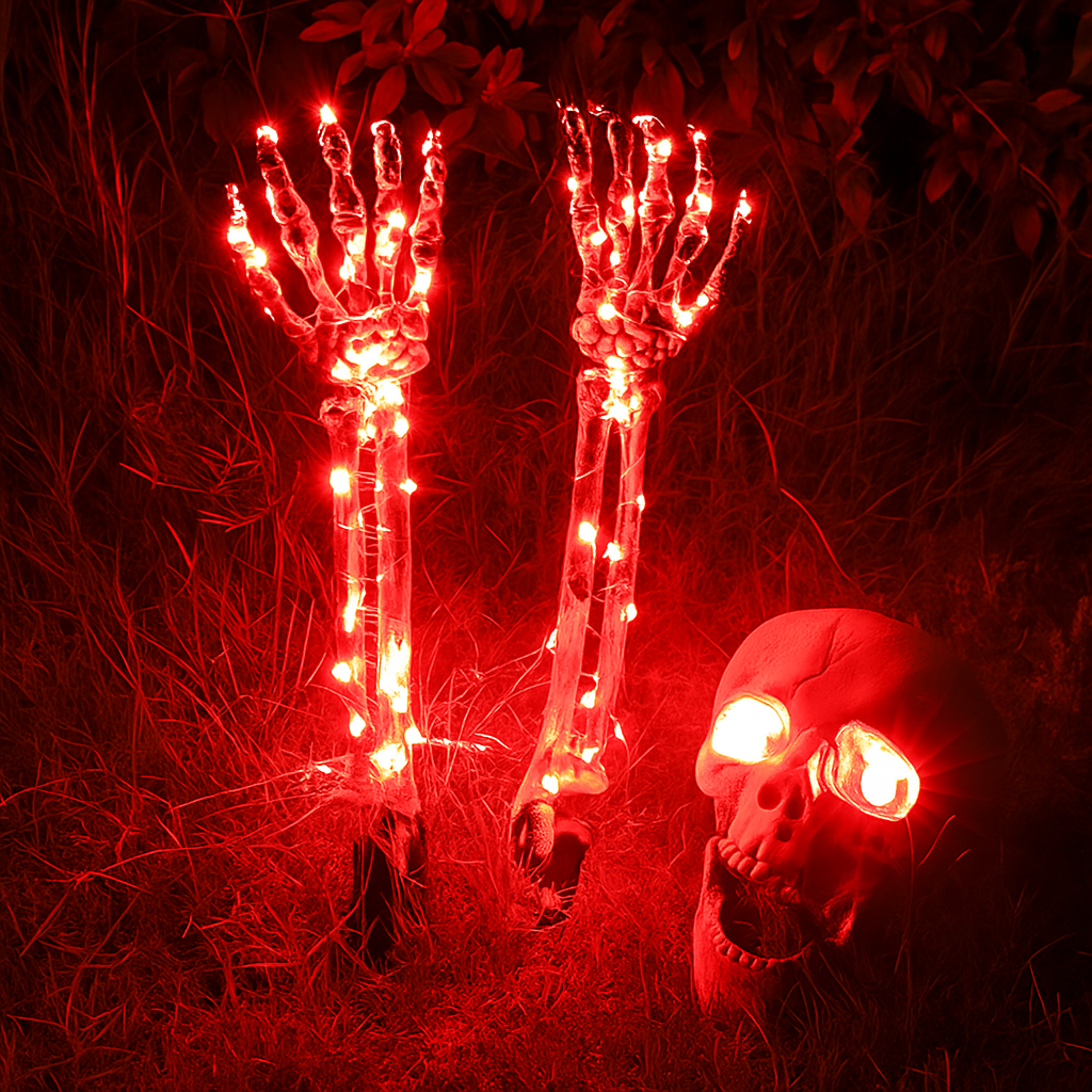 💀Halloween Skeleton Arms Stakes And Skeleton head Led Decorations-Adjusted Wrist,Waterproof ,LED with 8 Lighting Modes