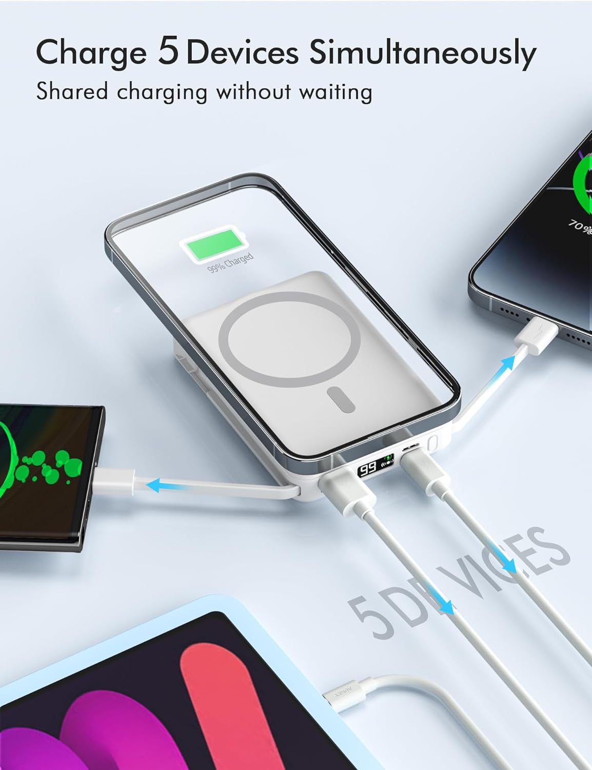 podoru Wireless Portable Charger, 10000mAh Magnetic Power Bank Built-in USB-C Lighting Cables 22.5W PD Fast Charging LED Display Mag-Safe Battery Pack for iPhone 15/14/13/12/Mini/Pro/Pro Max - White
