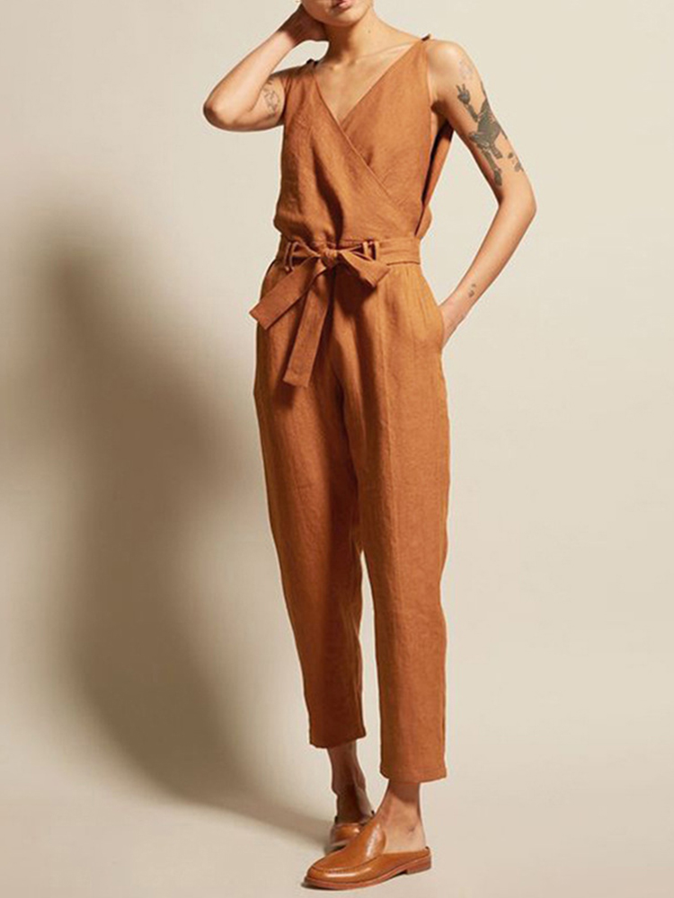 Solid Color Simple V-Neck Casual Jumpsuit