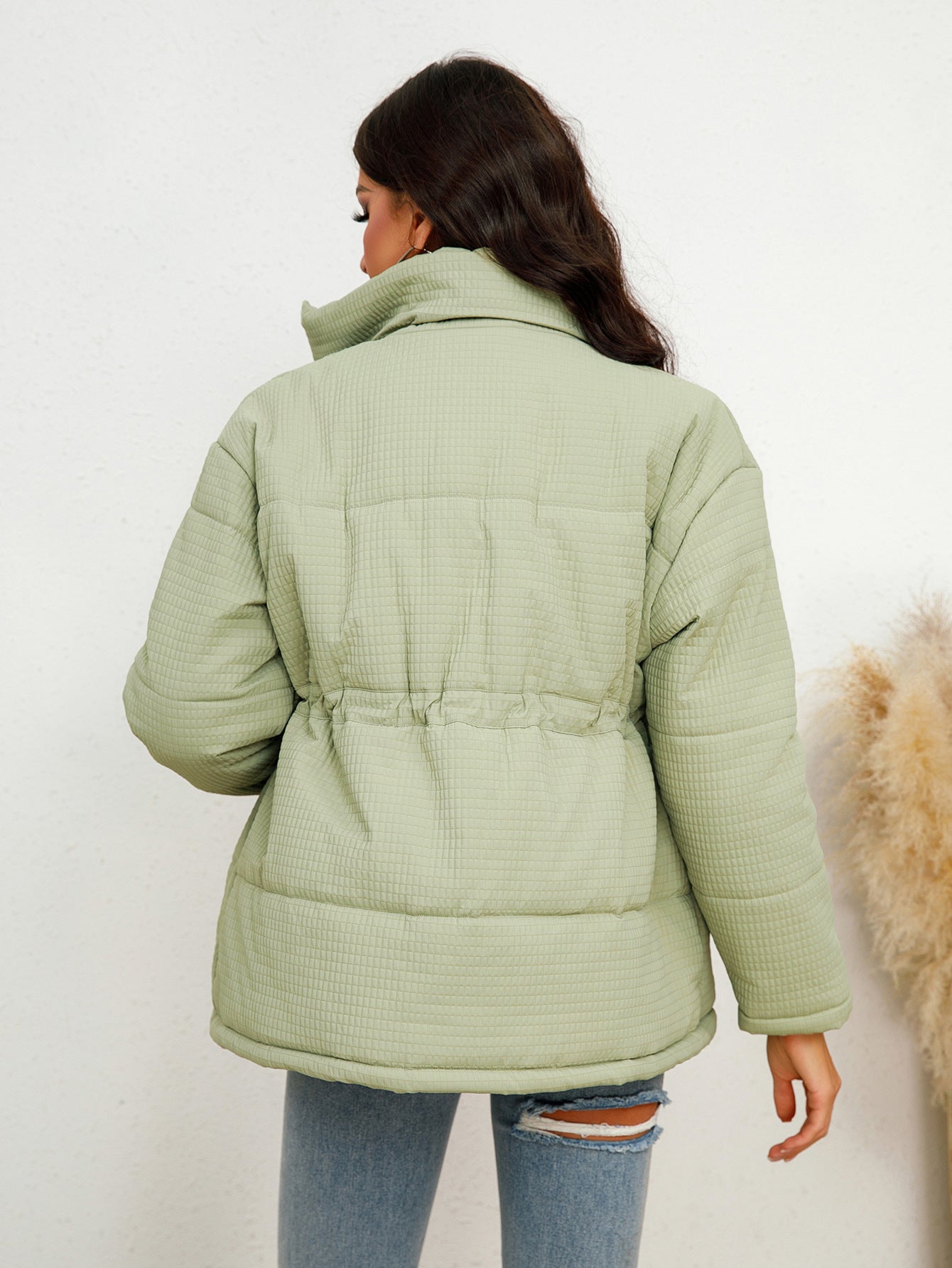 Women Wear Corduroy Cotton Coat Winter Loose Collared Zipper Cinched Drawstring Cotton Padded Coat