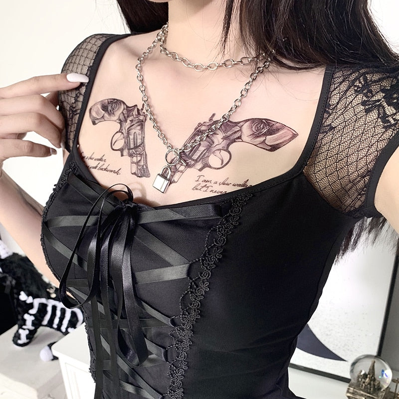 Lace-Up Mesh Sleeve Top
