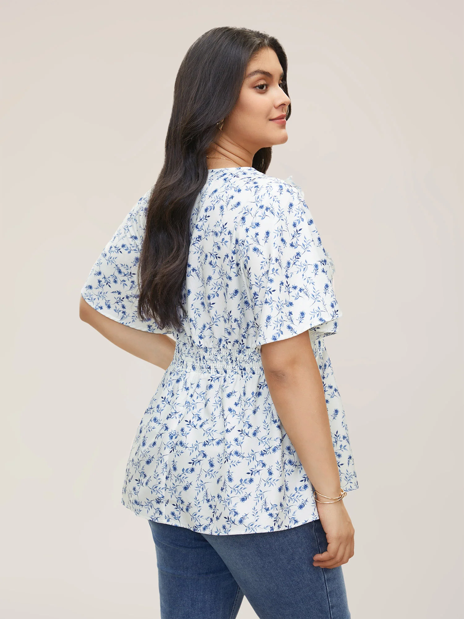 Floral Pleated Elastic Waist Ruffle Sleeve Blouse