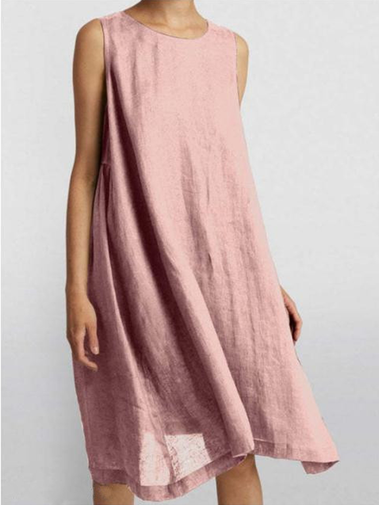 Solid Round Neck Sleeveless A Line Midi Dress