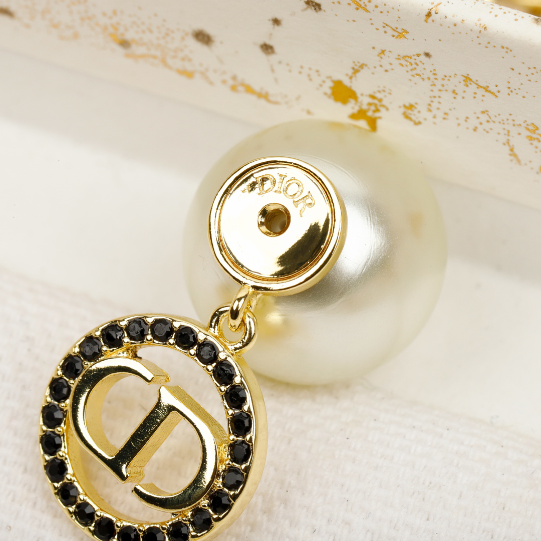 Dior Round Crystal CD Double Ball Pearl Earrings