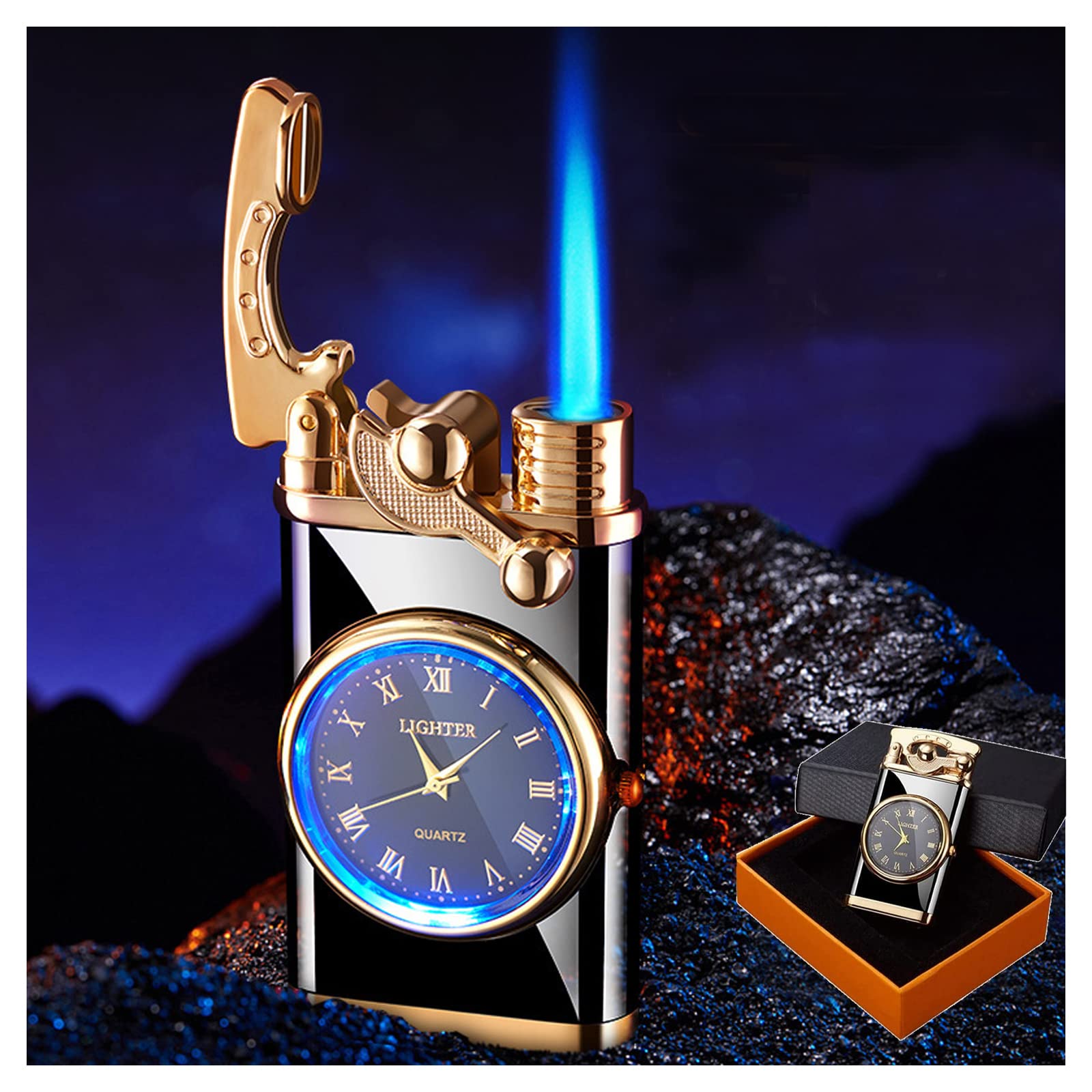 🔥Father's Day Sale-[SAVE 65% OFF]-2 in 1 Lighter with Electronic Watch Creative Dial Rocker Arm Inflatable Windproof Blue Flame Lighter-BUY 2 GET 10% OFF & FREE SHIPPING
