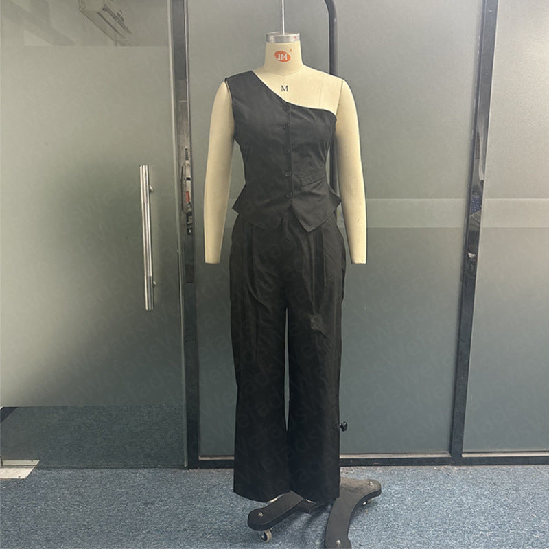 Women's One-Shoulder Sleeveless High-Waist Straight-Leg Pants Suit
