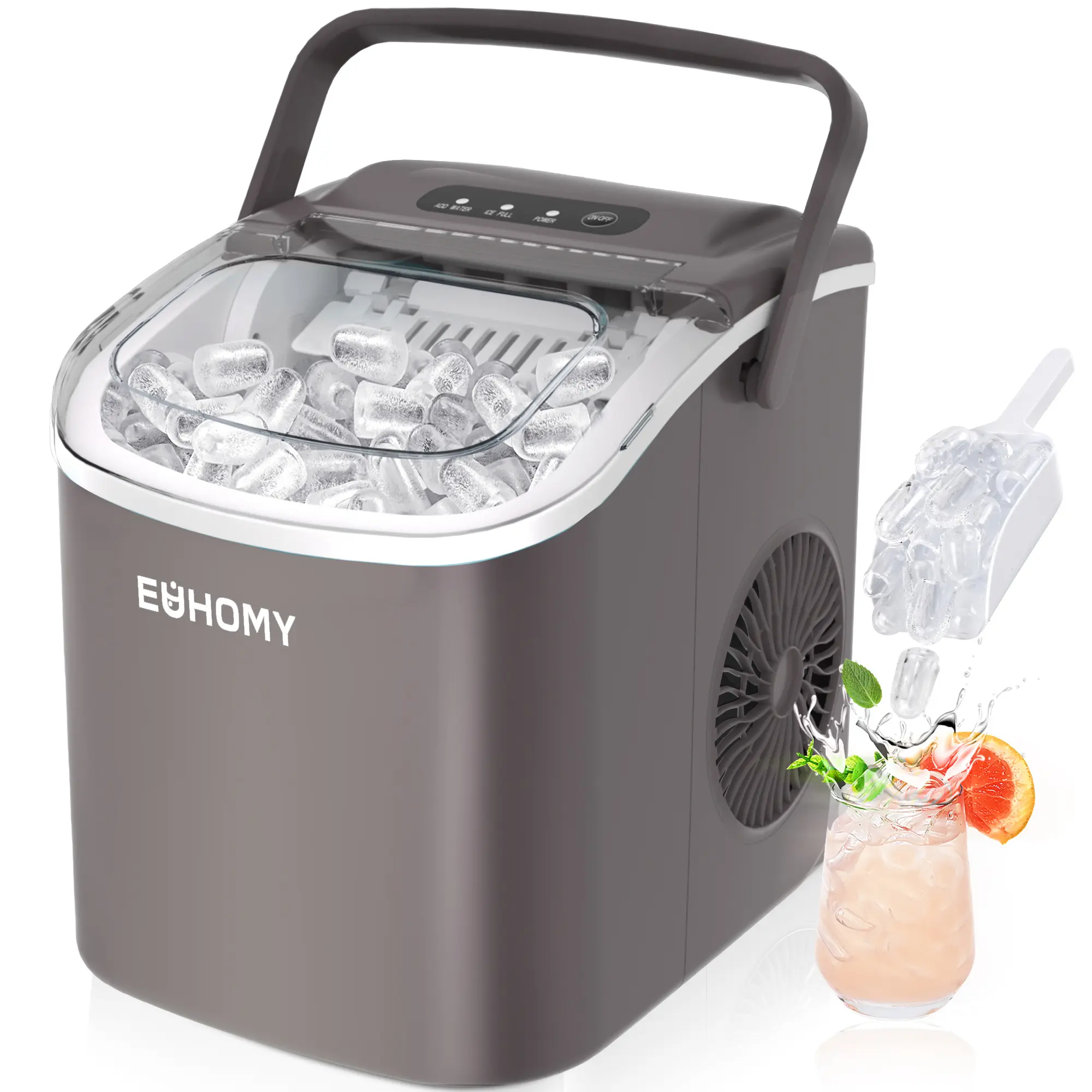 EUHOMY Ice Maker Countertop with Handle, 26lbs in 24Hrs, 9 Ice Cubes Ready in 6 Mins, Auto-Cleaning Portable Ice Maker with Basket and Scoop, for Home/Kitchen/Camping/RV. (2026 New Silver) Utensils