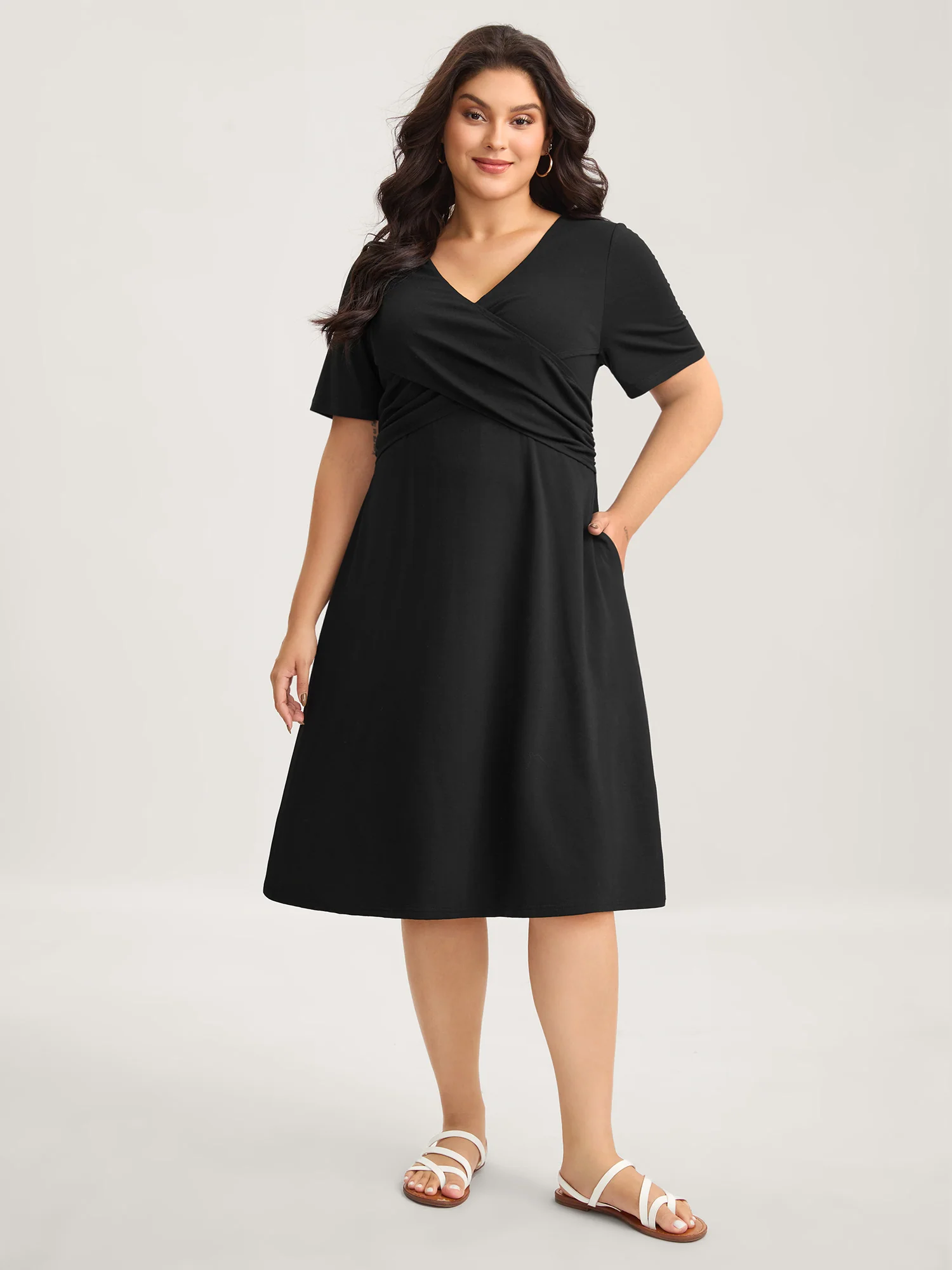 Overlap Bodice Solid Knit Pockets Midi Dress