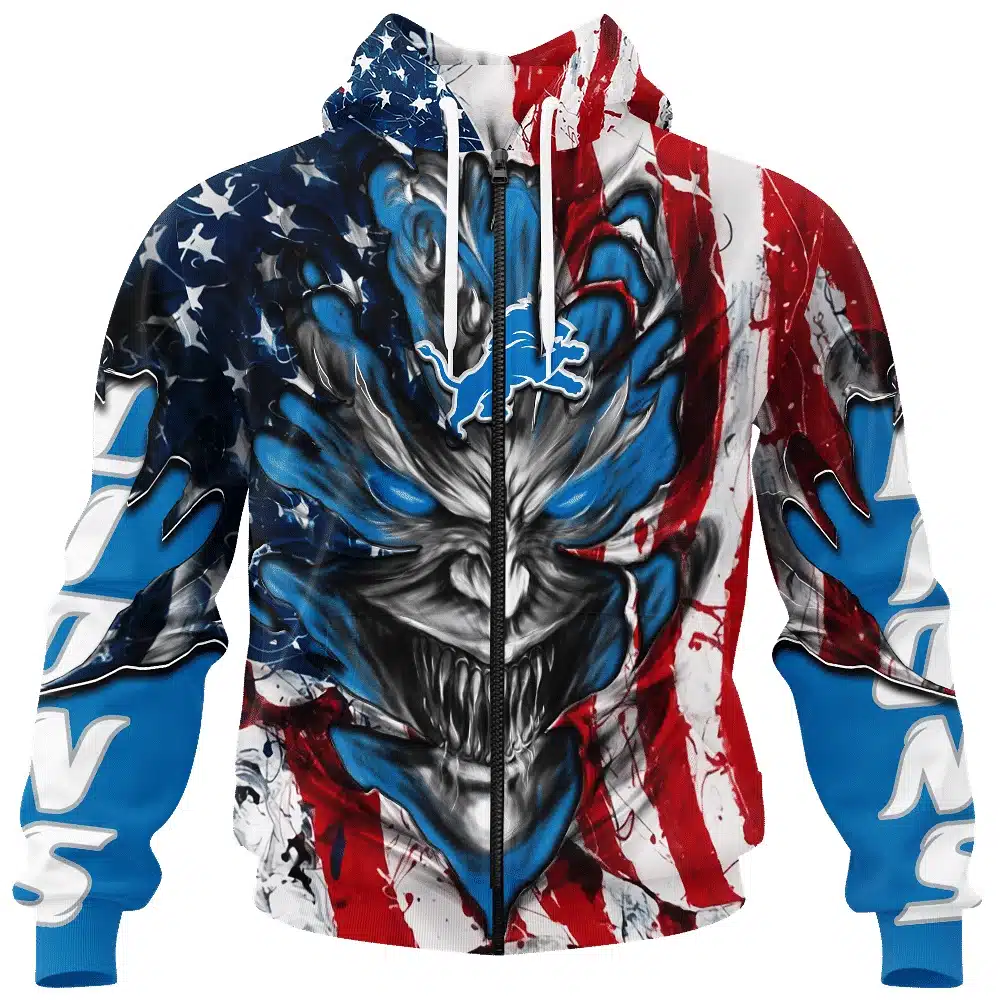 DETROIT LIONS DEMON FACE AMERICAN FLAG-3D UNISEX HOODIE